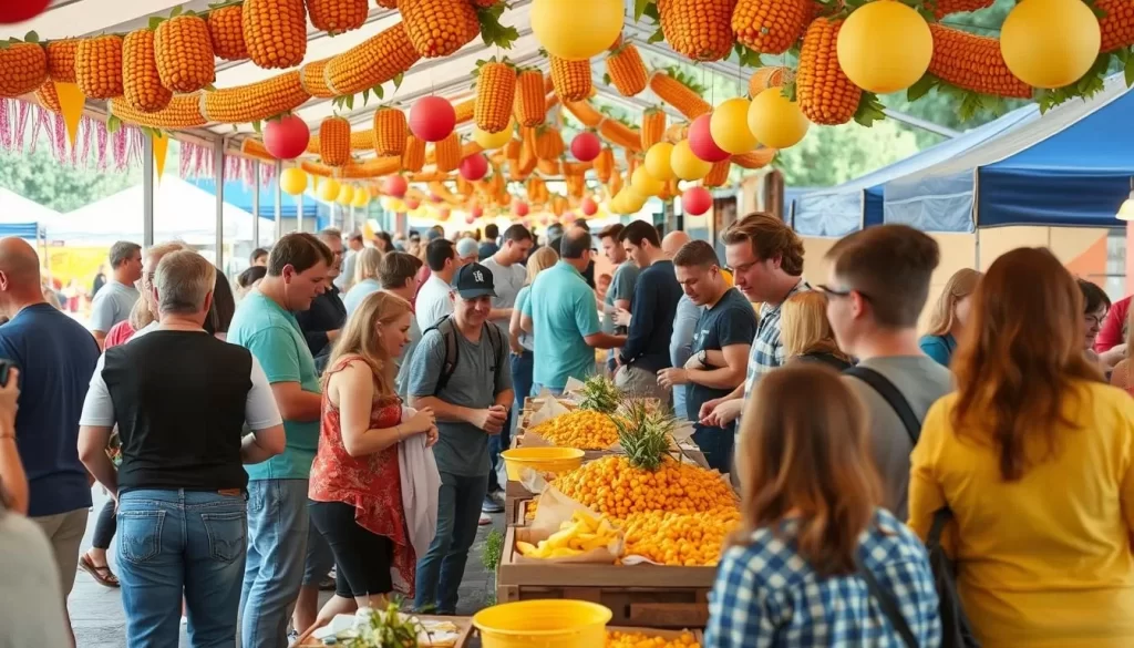 Image of the Corn and Apple Festival in Morden, with people enjoying food, music, and community activities.