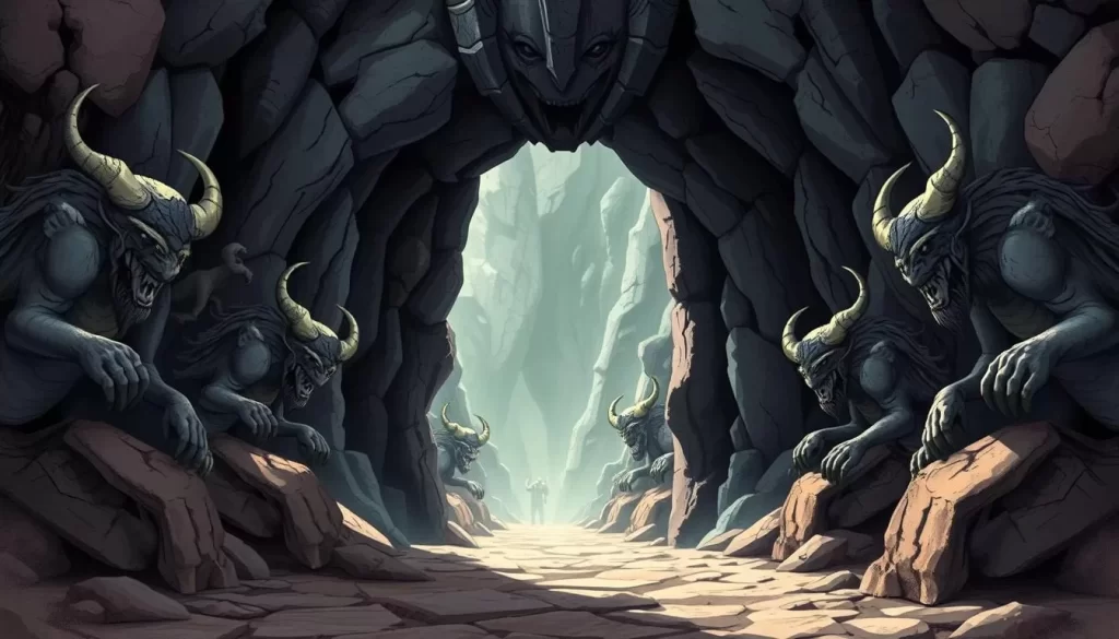 Image of the Demon Cave entrance with demon sculptures.