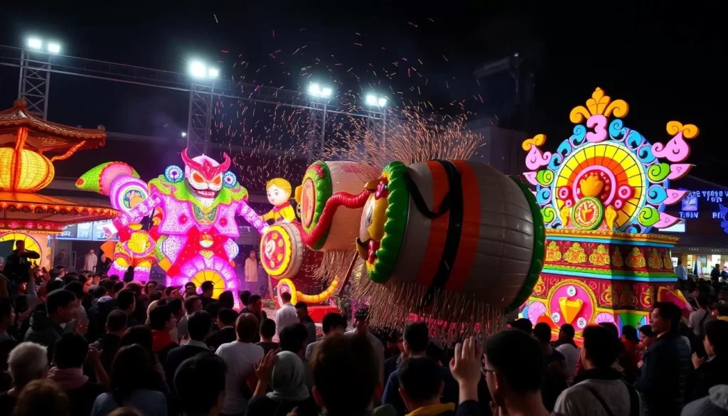 Image of the Fushiki Hikiyama Festival floats clashing during the night