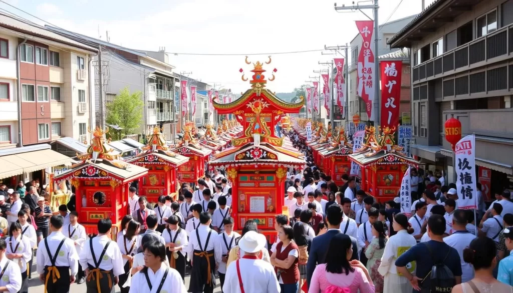 Image of the Hanamaki Festival with over 100 mikoshi being paraded