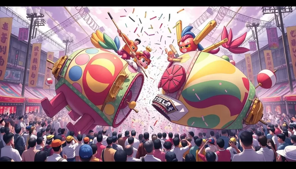 Image of the Iizaka Fighting Festival with massive floats crashing into each other