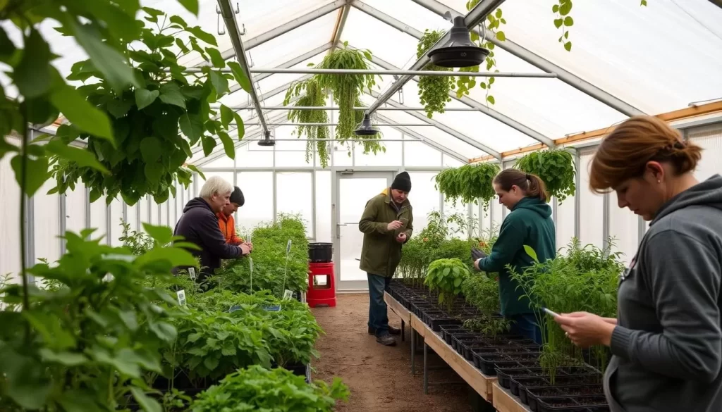 Image of the Inuvik Community Greenhouse's interior, showcasing lush greenery and community members tending to plants.