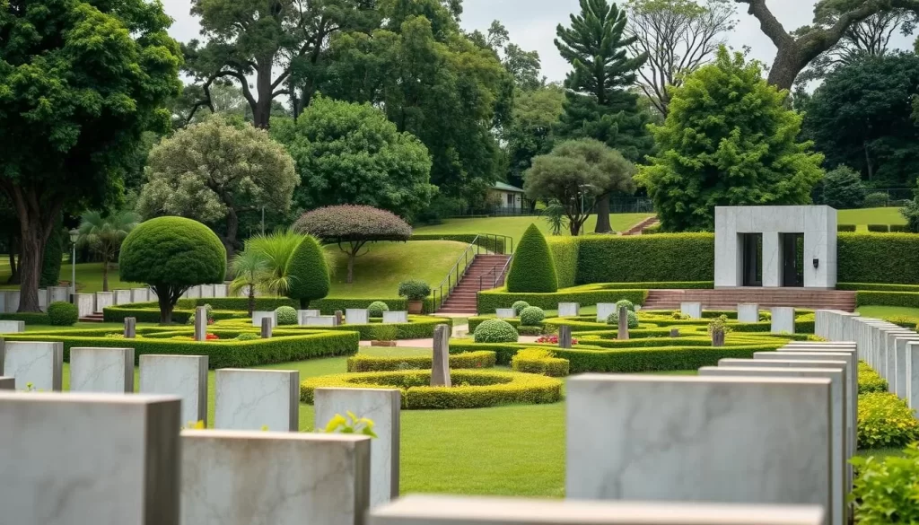 Image of the Kigali Genocide Memorial's solemn gardens and memorial buildings