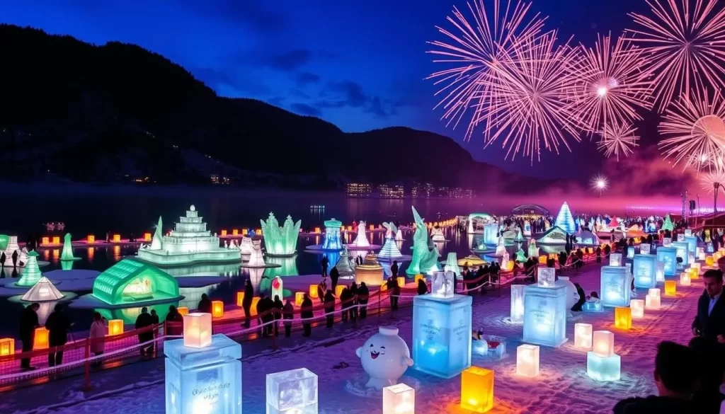 Image of the Lake Yamanaka Ice Candle Festival with ice lanterns and fireworks