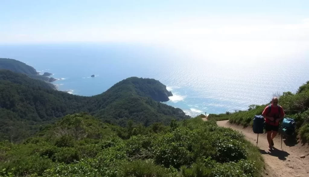 Image of the Michinoku Coastal Trail with hikers walking along the coastline