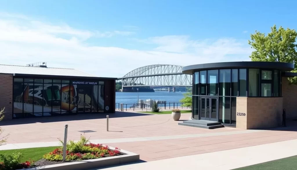 Image of the Minnesota Marine Art Museum exterior with the Mississippi River in the background