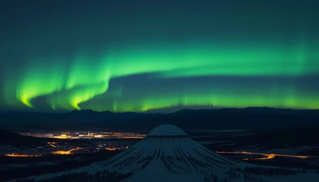 Image of the Northern Lights over Dawson City, with Midnight Dome in the foreground