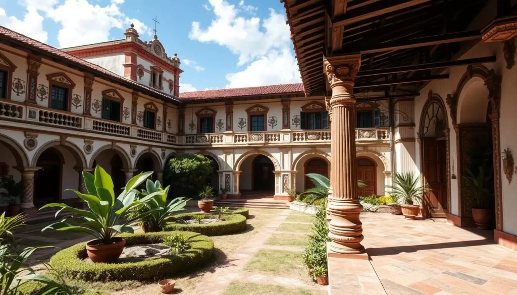 Image of the Ortíz Gurdián Foundation Art Center in León, Nicaragua, showcasing its colonial architecture and beautiful courtyard gardens.