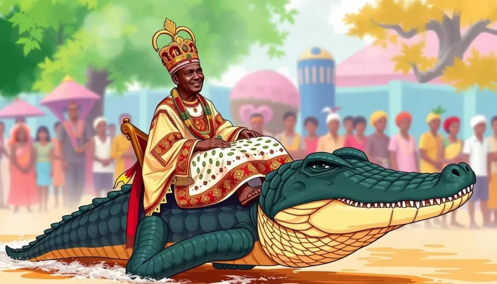Image of the Paramount Chief (Chitimukulu) being paraded on a crocodile-shaped sedan chair