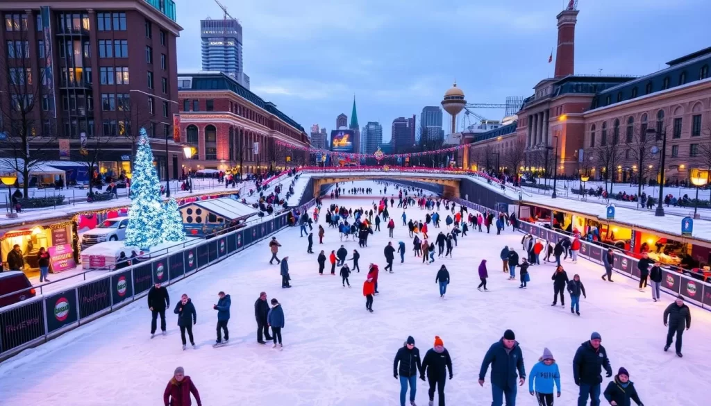 Image of the Rideau Canal during Winterlude, with people ice skating and enjoying the festivities