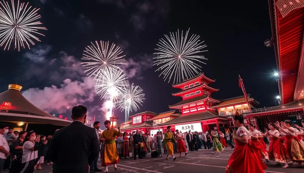 Image of the Sanuki Festival of Takamatsu with fireworks and traditional dances