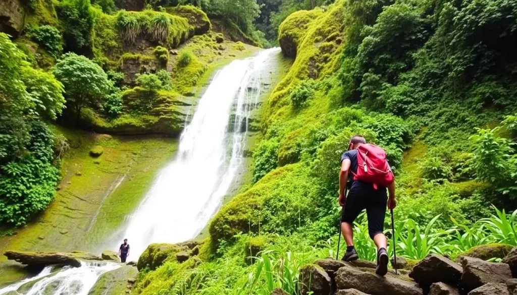 Image of the Seven Waterfalls Tour in Juayua, El Salvador, showcasing a hiker climbing alongside a waterfall.