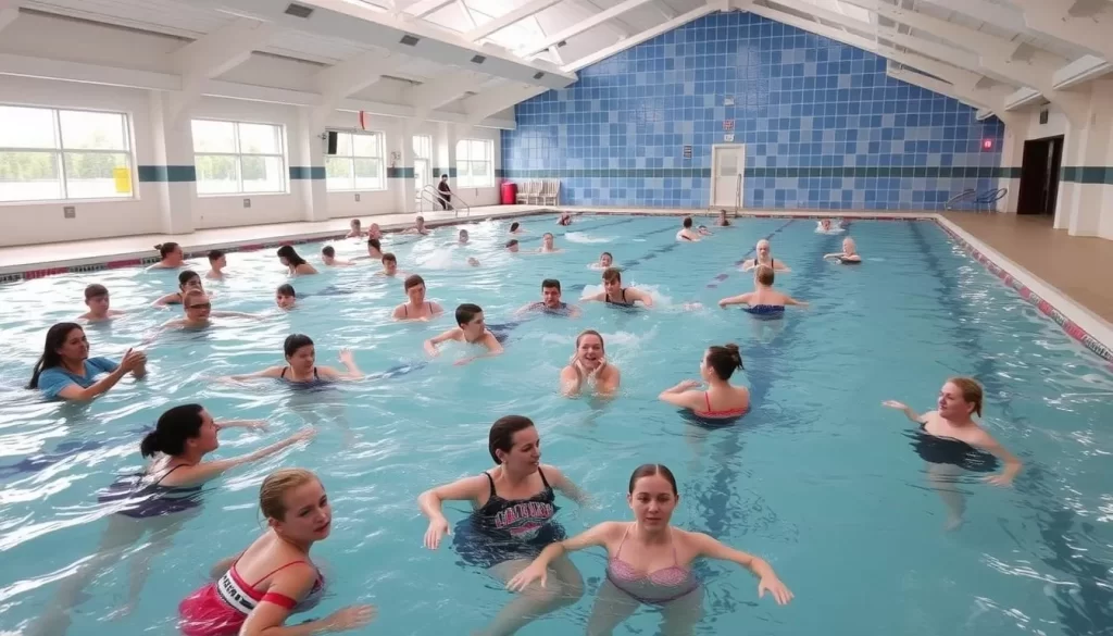 Image of the Steinbach Aquatic Centre's indoor pool facilities with a variety of swimmers enjoying the water.