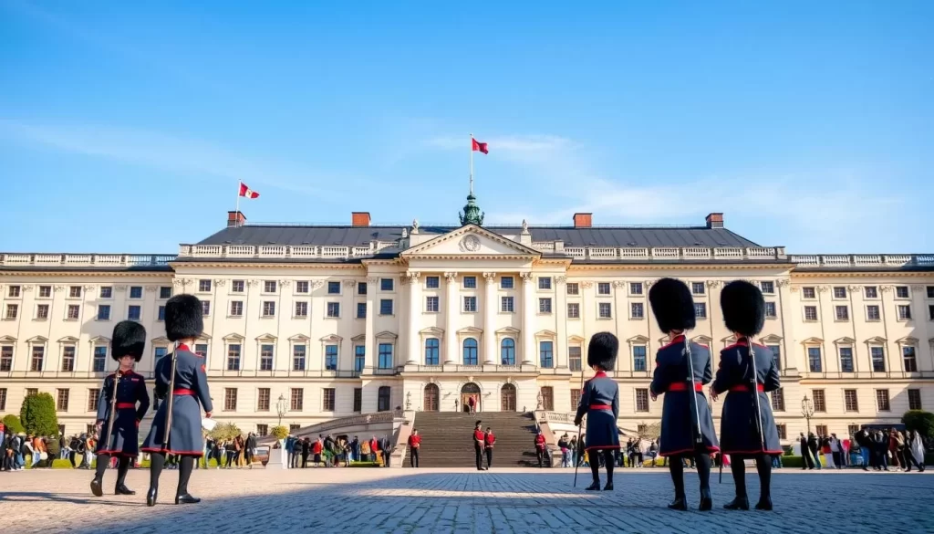 Image of the Stockholm Royal Palace with the changing of the guard ceremony