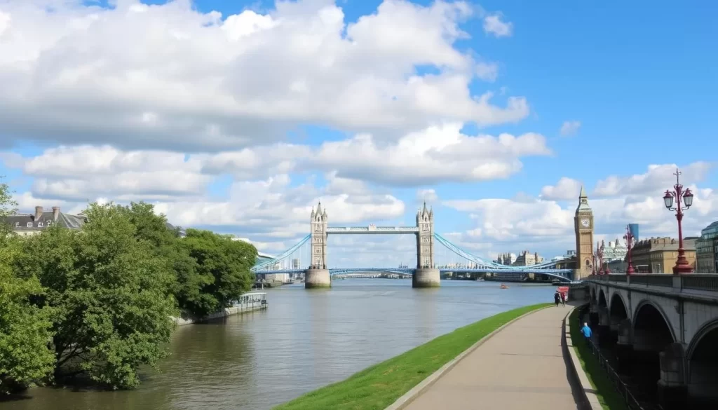 Image of the Thames Path with iconic London bridges