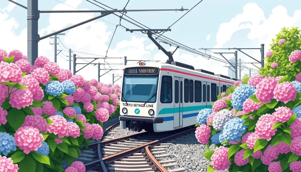 Image of the Tokyu Setagaya Line tram with hydrangeas blooming along the tracks