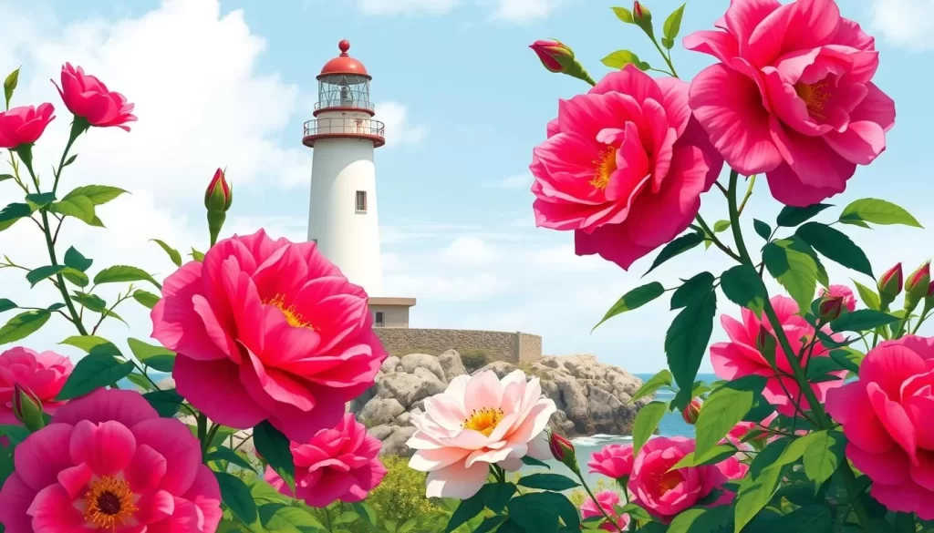 Image of the Victoria Seaport Lighthouse with wild roses surrounding it