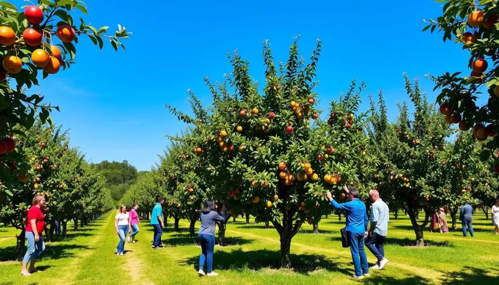 Image of the fruit park's orchard or visitors picking fruits