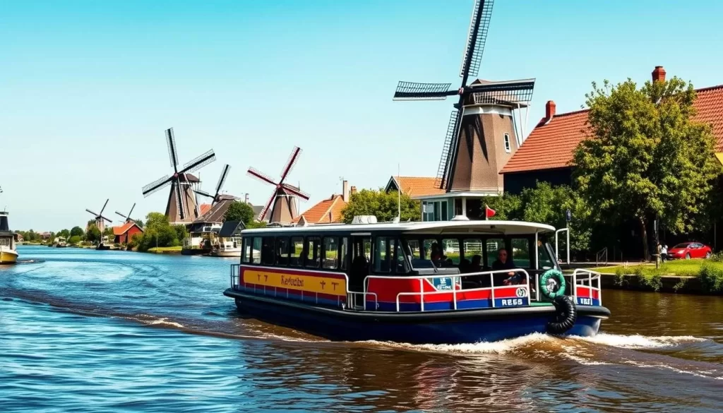 Image of the waterbus ferry approaching Kinderdijk
