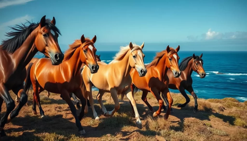 Image of wild horses at Cape Toi with the Pacific Ocean in the background