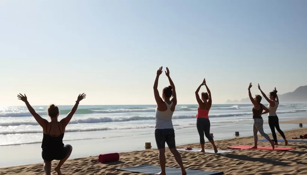 Image of yoga class on the beach with ocean views