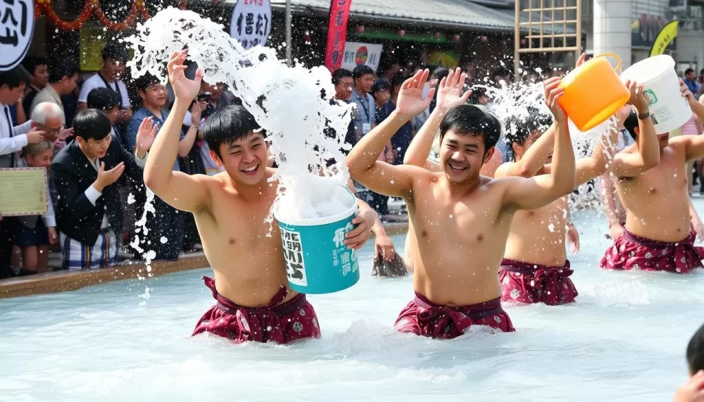 Image of young men in traditional fundoshi participating in the Kawarayu Onsen Yukake Festival, throwing buckets of hot spring water at each other.