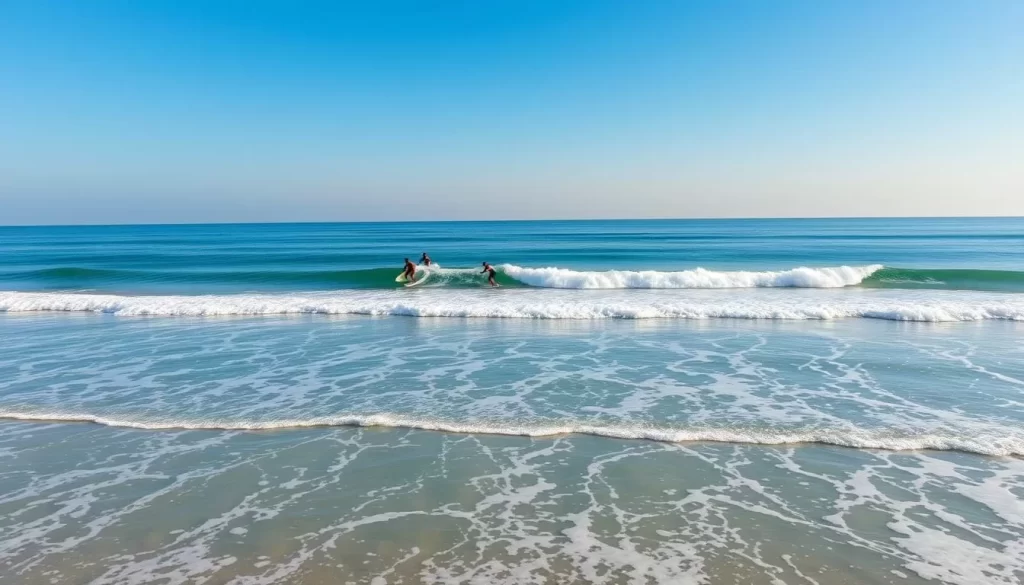 Imagine a serene beach scene with surfers riding the waves at Playa Venao, Panama.