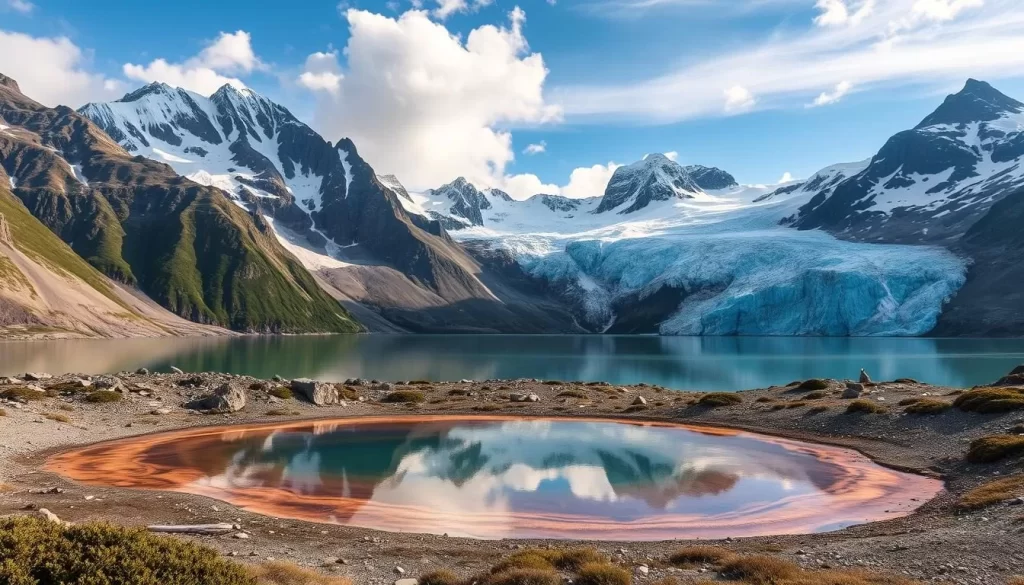 Imagine a serene lake surrounded by dramatic mountains and glaciers, where the harsh Arctic environment gives way to a surprising thermal oasis.