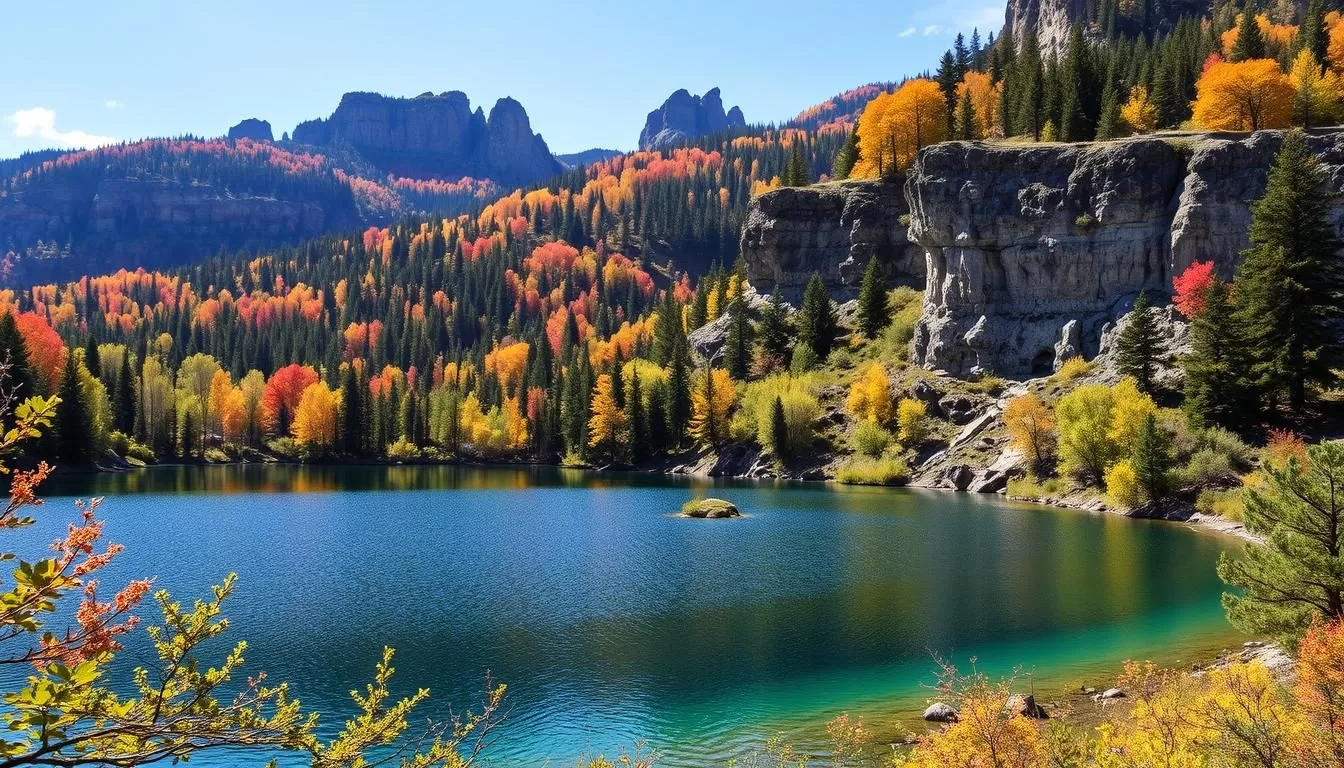 Imagine a serene lake surrounded by lush forests and rocky outcrops, perfect for a relaxing getaway or an action-packed adventure.