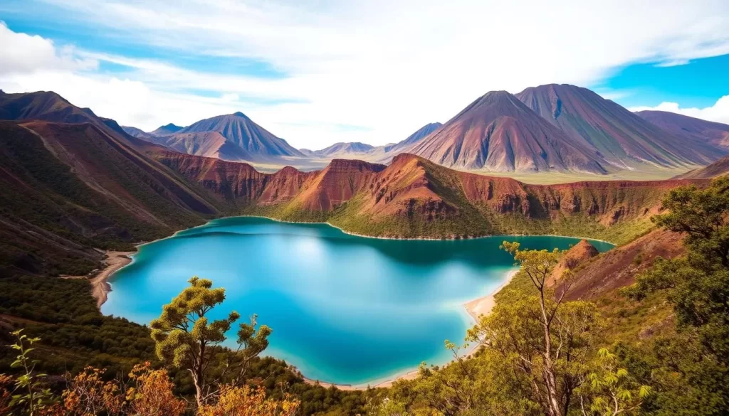 Imagine a serene lake surrounded by majestic volcanoes and lush vegetation, creating a breathtaking landscape.