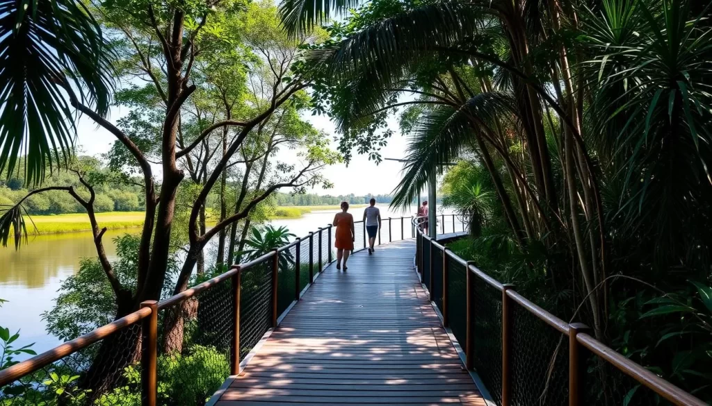 Imagine strolling along a charming boardwalk with scenic views of the Sampit River.