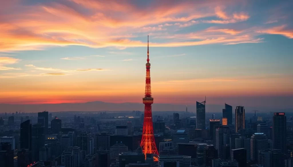 Imagine the Tokyo skyline without its iconic red and white tower - unthinkable, right? Generate an image of Tokyo Tower at sunset.