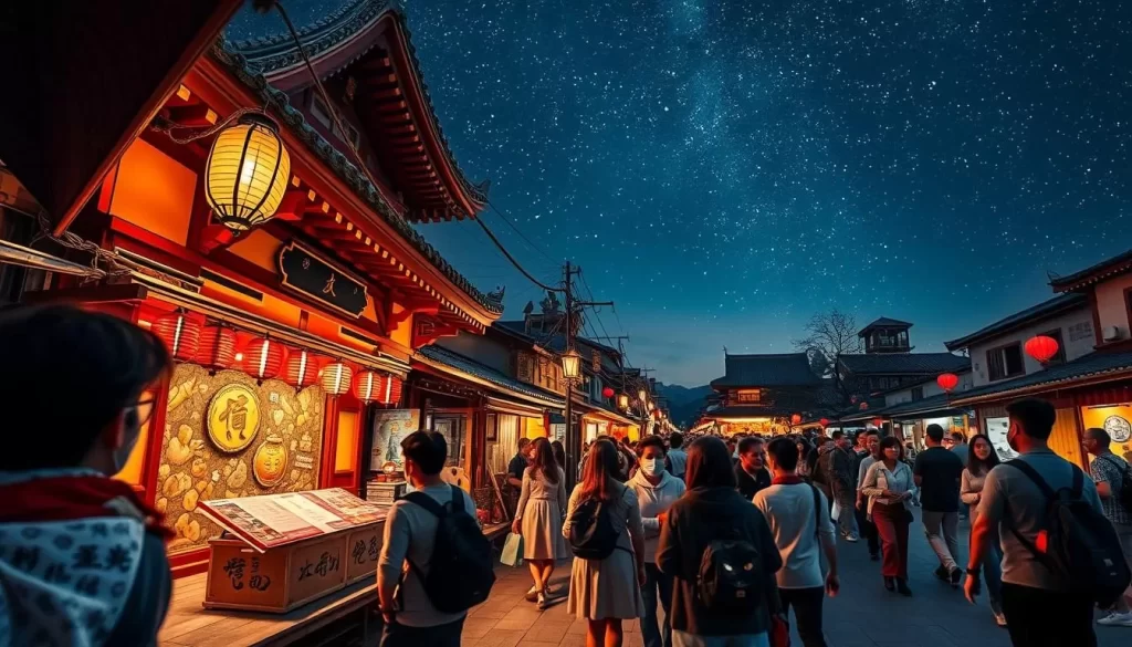 Imagine witnessing the vibrant city streets filled with traditional performances and fun under the night sky, creating an unforgettable atmosphere.