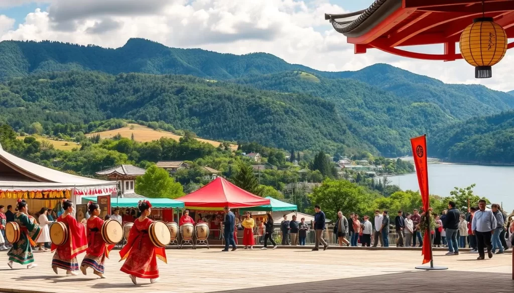 Ishikawa Prefecture festivals: A vibrant tapestry of cultural celebrations in a picturesque Japanese landscape. In the foreground, traditional dancers in ornate costumes gracefully move to the rhythm of taiko drums. The middle ground features colorful festival stalls, their lanterns casting a warm glow. In the background, the iconic landscapes of Ishikawa come to life - rolling hills, lush forests, and the serene coastline. Soft natural lighting illuminates the scene, creating an atmosphere of reverence and community. The overall composition conveys the deep cultural significance and festive spirit that permeates Ishikawa Prefecture's celebrations.