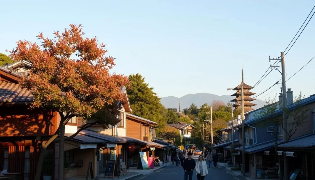Kasai neighborhood, a charming residential enclave in Edogawa-ku, Tokyo. Capture the quaint, tree-lined streets with traditional Japanese houses, their tiled roofs and wooden facades bathed in warm, golden afternoon sunlight. In the foreground, pedestrians stroll along the sidewalks, passing small shops and cafes. In the middle ground, a playground bustles with children's laughter, while in the distance, the silhouette of a local temple stands serenely against a clear, azure sky. Convey a sense of tranquility and community, reflecting the essence of this vibrant yet peaceful neighborhood.