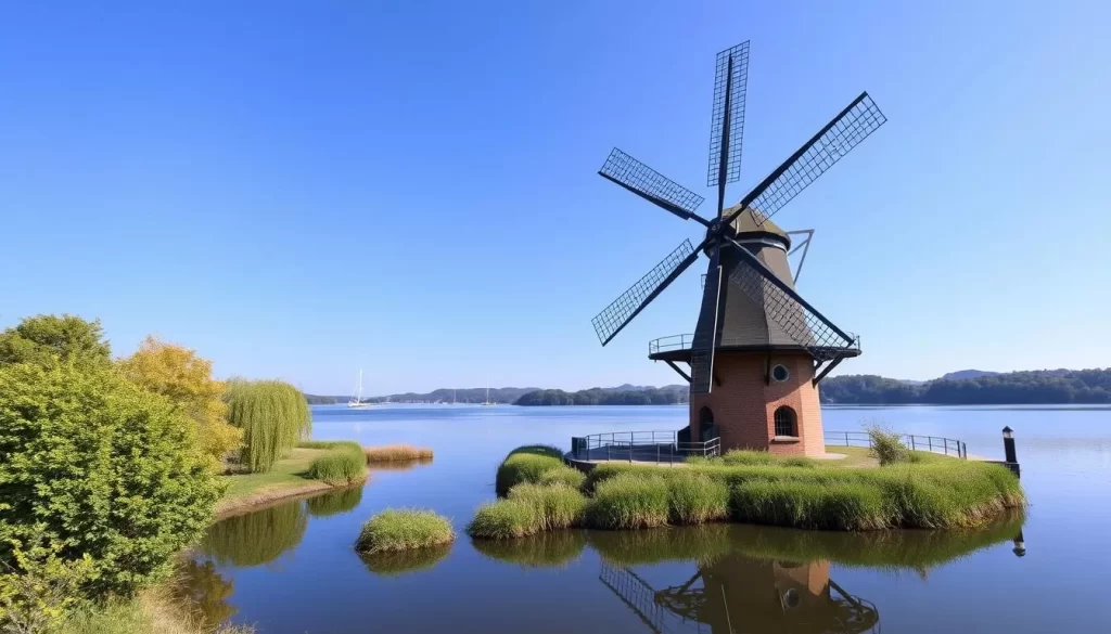 Kasumigaura Comprehensive Park featuring a Dutch windmill against the backdrop of Lake Kasumigaura