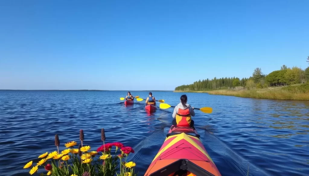 Kayakers paddling on Lake Winnipeg near a scenic shoreline