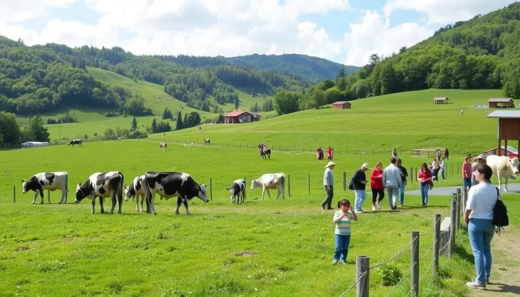Koiwai Farm, a large private farm at the foot of Mount Iwate, with cows grazing and people enjoying farm activities.