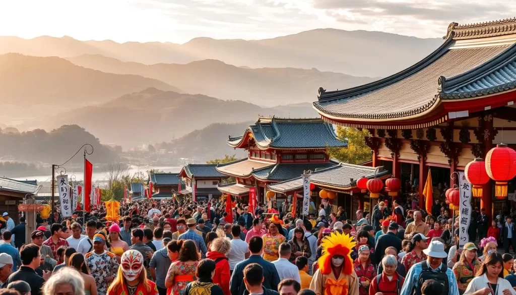 Lively festival scenes in Shimane Prefecture, Japan during the four seasons. In the foreground, crowds of people dressed in vibrant costumes and masks dance and parade through the streets, carrying colorful lanterns and banners. In the middle ground, ornate shrines and temples provide a traditional backdrop, their roofs adorned with intricate carvings and gilded details. The background features the natural beauty of the region, with rolling hills, serene lakes, and majestic mountains under a warm, golden light. The atmosphere is one of celebration, cultural heritage, and deep connection to the rhythms of nature.