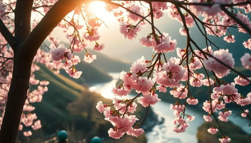 Lush cherry blossoms in full bloom, their delicate pink petals gently swaying in a light spring breeze. The scene is set against a backdrop of verdant hills, with a tranquil river winding through the landscape. Warm sunlight filters through the blossoms, casting a soft, ethereal glow over the entire tableau. The composition is framed by the graceful, arching branches of the cherry trees, leading the eye through the serene, pastoral setting. Capture the essence of a springtime in Toyama, where the delicate beauty of the cherry blossoms is accentuated by the mild, comfortable weather.