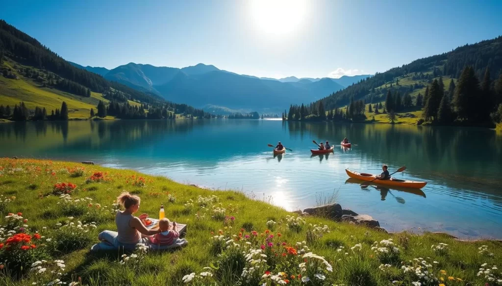 Lush green meadows dotted with vibrant wildflowers, a crystalline lake reflecting the azure sky. In the foreground, a family enjoying a picnic, basking in the warm sun's glow. Kayakers glide across the tranquil waters, while hikers explore the verdant trails, marveling at the majestic Carpathian Mountains in the distance. Crisp, natural lighting captures the essence of an idyllic Ukrainian summer day, inviting viewers to immerse themselves in the country's scenic outdoor adventures.