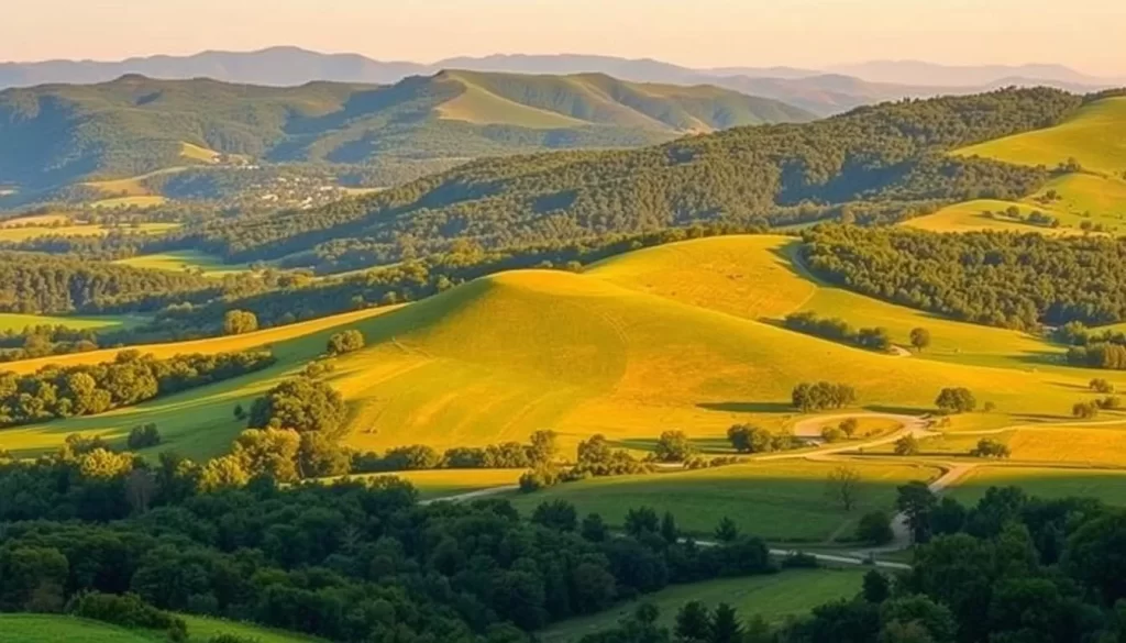 Lush, rolling hills dotted with verdant trees and winding roads surround the charming city of Bowling Green, Kentucky. In the foreground, a patchwork of farmland and pastures paint a picturesque rural landscape. The middle ground rises with gentle slopes, their contours accentuated by the warm, golden light of a late afternoon sun. Towering in the distance, the majestic hills of the Appalachian foothills create a stunning backdrop, their silhouettes cast in soft, hazy blues. The entire scene exudes a sense of tranquility and rustic beauty, inviting the viewer to explore the hidden charms of this enchanting corner of the Bluegrass State.