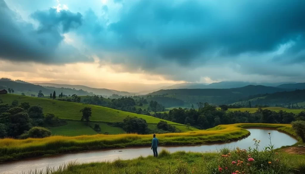Lush, rolling hills of Rwanda bathed in the soft glow of a rainy season afternoon. Verdant fields and forests stretch out before a dramatic, cloud-swept sky. In the foreground, a winding river reflects the surrounding landscape, its banks dotted with tall grasses and vibrant wildflowers. Warm, diffused lighting filters through the overcast day, casting a serene, moody atmosphere over the scene. A lone figure stands amid the tranquil panorama, gazing out towards the horizon. Capture the beauty and serenity of Rwanda's rainy season with this cinematic, hyper-realistic landscape.