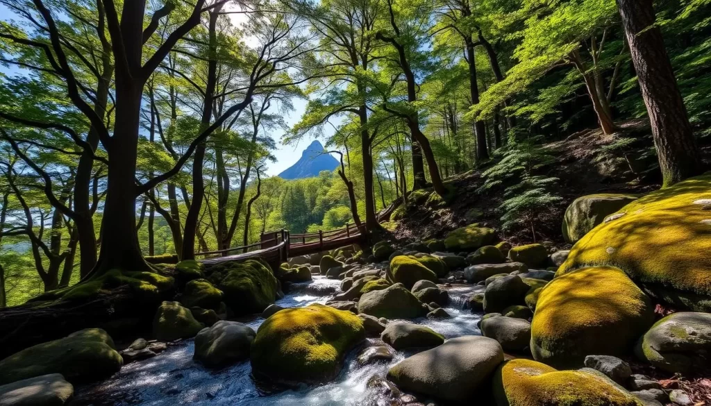 Lush, verdant forests of ancient cedar and moss-covered rocks on Yakushima Island, Japan. The sun filters through the canopy, casting dappled shadows on the winding hiking trails. A serene mountain stream cascades over smooth boulders, its gentle babbling the only sound breaking the tranquil silence. In the distance, the rugged silhouette of Mount Miyanoura rises against a clear azure sky. Capture the timeless, ethereal beauty of this UNESCO World Heritage site, a prime example of Japan's stunning natural landscapes.