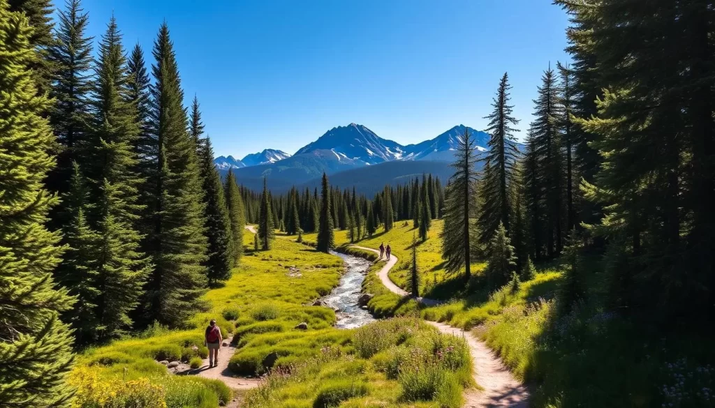 Lush, verdant hiking trails winding through a picturesque alpine landscape in McCall, Idaho. Towering evergreen trees frame a sun-dappled path, leading hikers past tranquil streams and vibrant wildflowers. Rugged mountains rise in the distance, their snow-capped peaks gleaming under a bright, azure sky. Hikers in the foreground traverse the trail, their silhouettes creating a sense of adventure and exploration. Warm, natural lighting bathes the scene, evoking the beauty and serenity of a perfect summer day in the great outdoors.