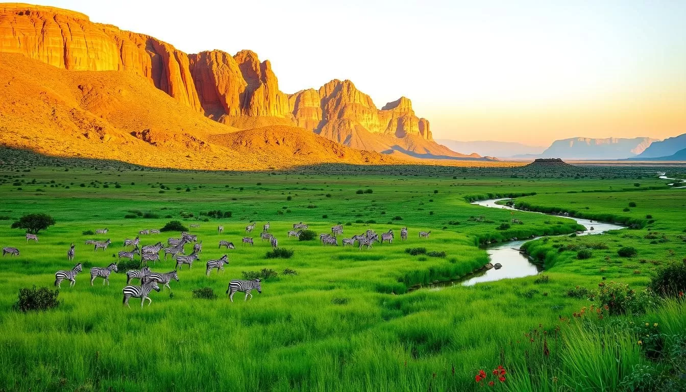 Lush, verdant savannas stretching across the Namibian countryside, bathed in the warm glow of a golden sun. Towering, rust-colored rock formations rise majestically in the distance, their jagged edges softened by the gentle haze of the afternoon. Herds of zebra and antelope graze peacefully, their sleek coats glistening as they move through the tall, emerald grass. A winding river cuts through the landscape, its banks lined with vibrant, flowering plants. The scene exudes a sense of tranquility and natural abundance, capturing the essence of Namibia's resplendent green season.