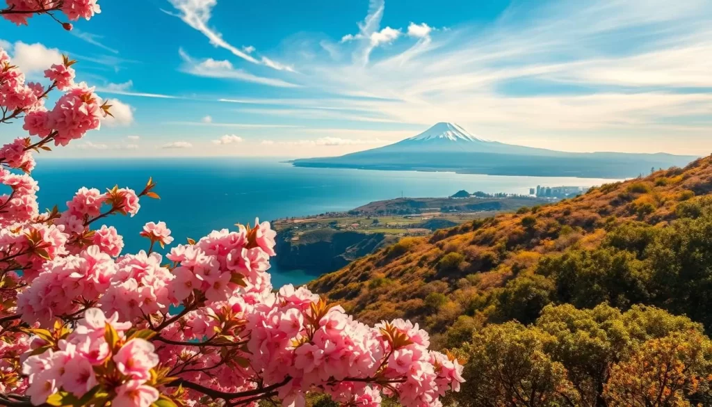 Lush, vibrant cherry blossoms cascading over the rolling hills of the Izu Peninsula, Japan. A serene landscape bathed in warm, golden sunlight filtering through wispy clouds. In the foreground, delicate pink petals flutter gently in a soft breeze, their subtle fragrance carried on the air. The middle ground reveals picturesque coastal vistas, with rugged cliffs and azure waters of the Pacific Ocean beyond. In the distance, the silhouettes of Mount Fuji's majestic snow-capped peaks rise majestically against a clear, azure sky. Capture the tranquil, breathtaking beauty of this idyllic springtime scene.