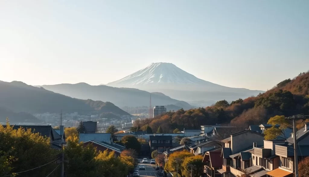 Maebashi cityscape with Mt. Akagi in the background. A picturesque Japanese city nestled in the mountains, bathed in warm afternoon sunlight. Quaint buildings and tree-lined streets in the foreground, leading the eye towards the majestic silhouette of Mt. Akagi rising majestically in the distance. The scene is peaceful and serene, capturing the tranquil essence of this hidden gem. Photograph this scene with a wide-angle lens to showcase the stunning landscape, using soft, natural lighting to highlight the details and create a sense of depth and atmosphere.
