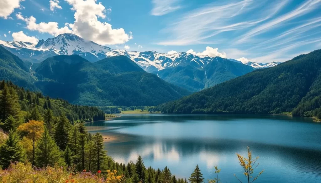 Majestic Chūbu mountains rise majestically, their snow-capped peaks piercing the azure sky. Lush, verdant forests cascade down the slopes, dotted with vibrant wildflowers. A tranquil lake reflects the surrounding beauty, its mirror-like surface broken only by the gentle ripples of a soft breeze. Warm sunlight filters through wispy clouds, casting a golden glow over the serene landscape. Capture the essence of Japan's heartland with this breathtaking vista, a harmonious blend of rugged peaks and peaceful natural wonder.