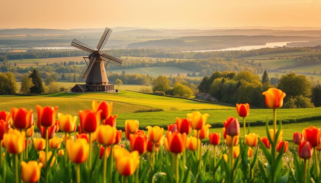 Majestic Dutch landscapes unfold, a tapestry of rolling meadows, pristine canals, and quaint villages. In the foreground, vibrant tulips sway gently in the breeze, their colors a vibrant celebration of the nation's natural beauty. The middle ground features a picturesque windmill, its sails catching the soft, golden light of the sun. Beyond, rolling hills and lush forests stretch towards the horizon, creating a serene and tranquil atmosphere. The scene is bathed in a warm, soft-focus glow, inviting the viewer to immerse themselves in the diverse and captivating landscapes of the Netherlands.
